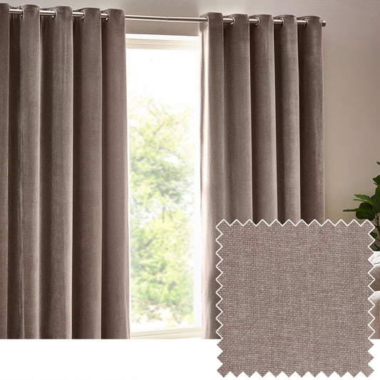 Plain Beige Curtains - Heavy Chenille Fully Lined Velvet Eyelet Curtains Greige Yard