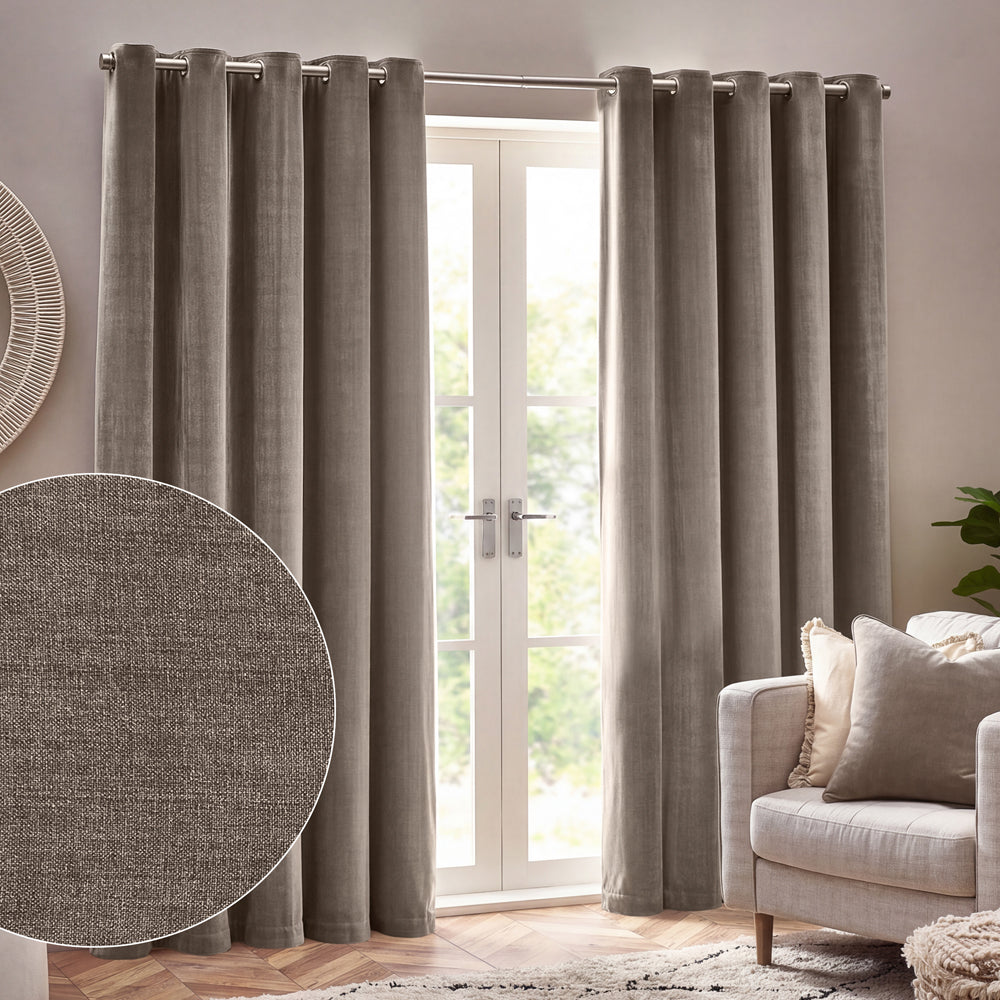 Plain Beige Curtains - Heavy Chenille Fully Lined Velvet Eyelet Curtains Greige Yard