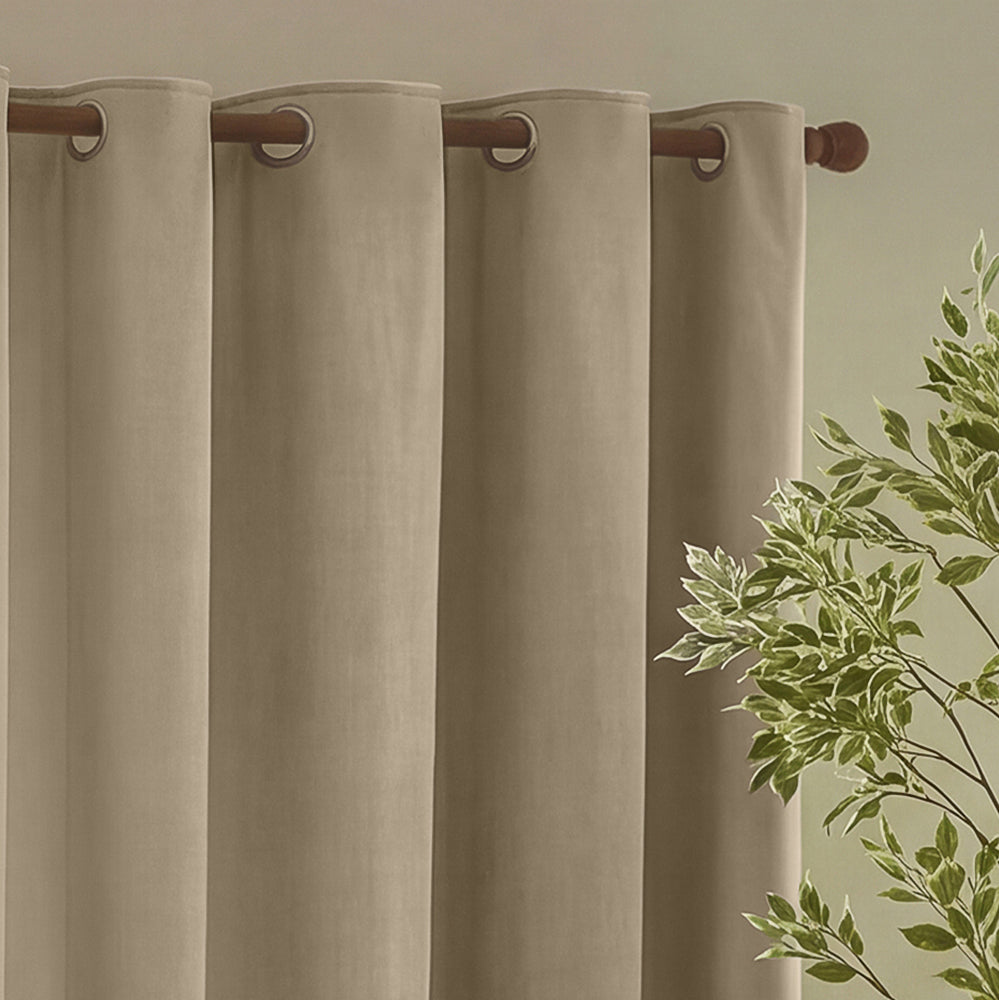Plain Beige Curtains  - Heavy Chenille Fully Lined Velvet Eyelet Curtains Linen Yard