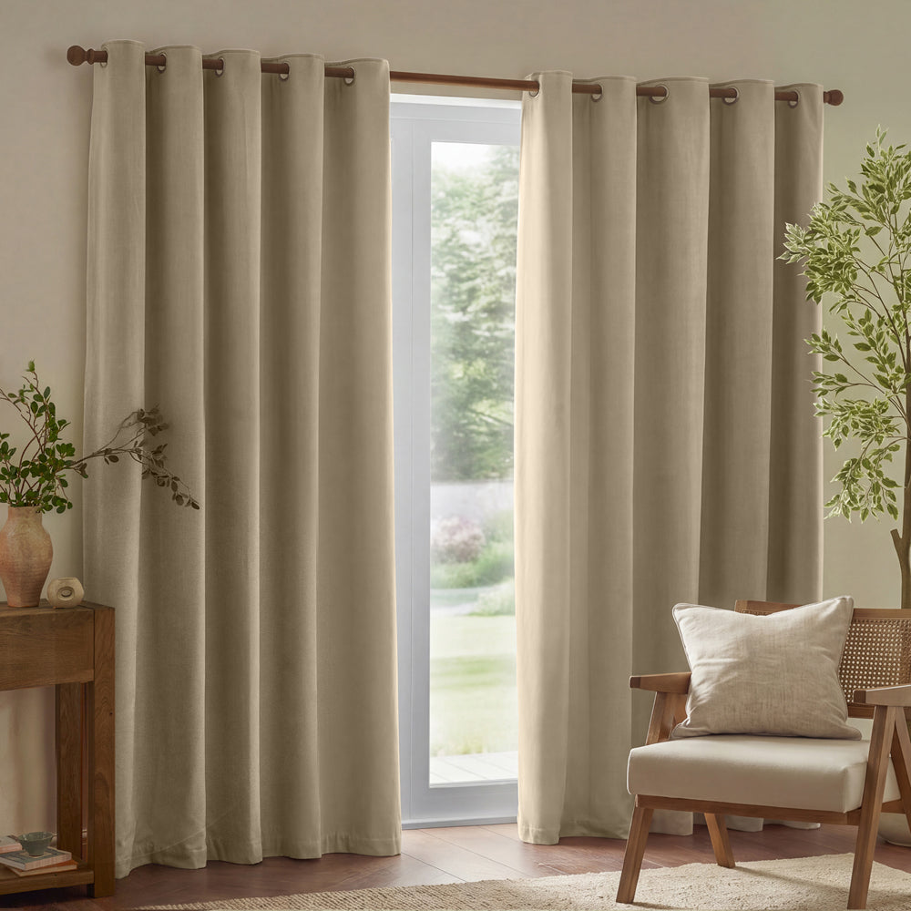 Plain Beige Curtains  - Heavy Chenille Fully Lined Velvet Eyelet Curtains Linen Yard