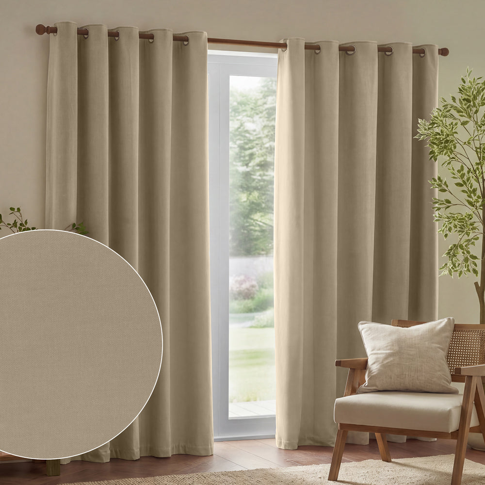 Plain Beige Curtains  - Heavy Chenille Fully Lined Velvet Eyelet Curtains Linen Yard