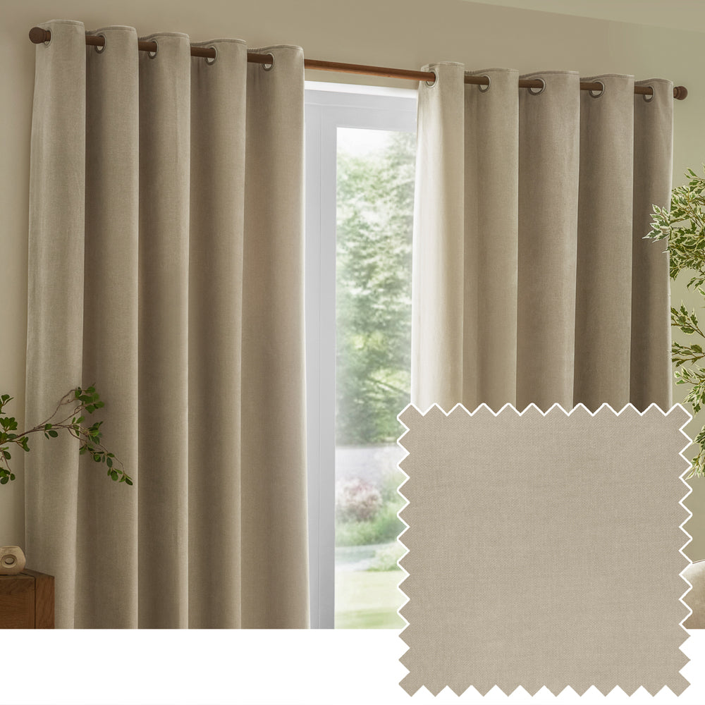 Plain Beige Curtains  - Heavy Chenille Fully Lined Velvet Eyelet Curtains Linen Yard