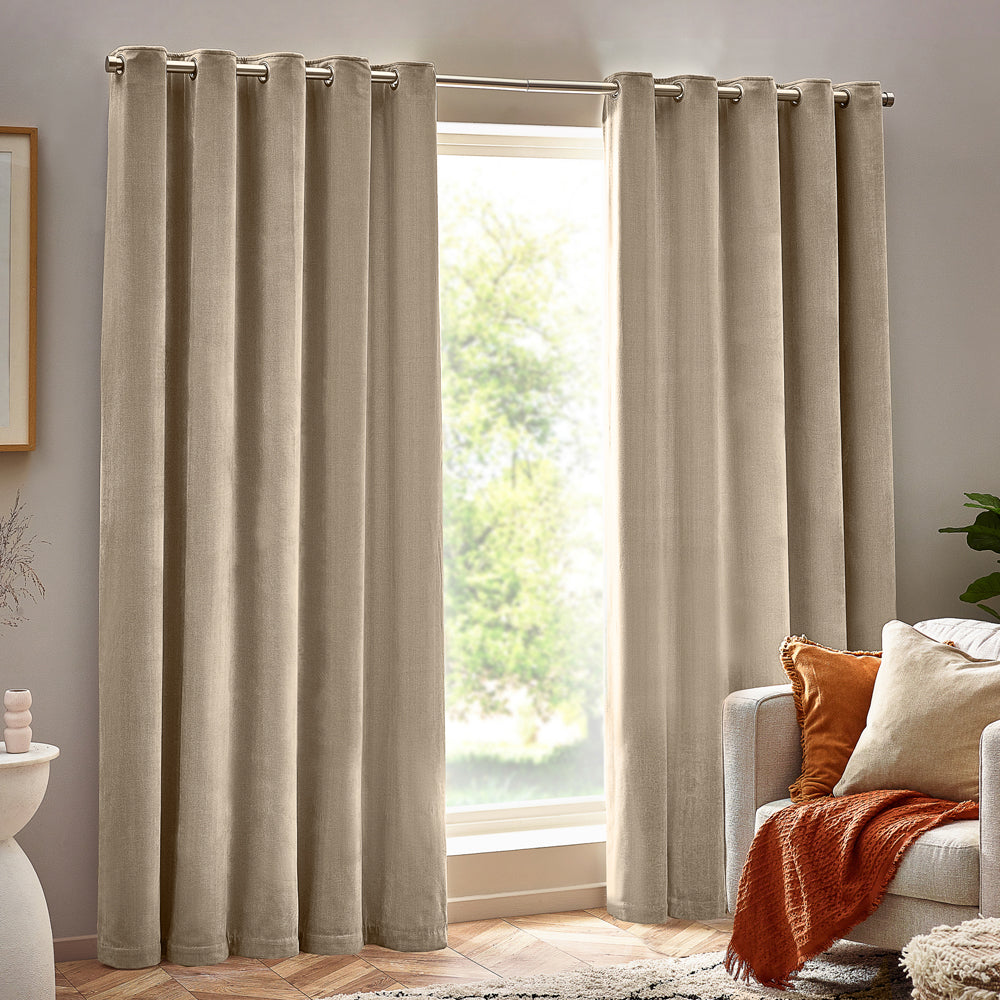 Plain Beige Curtains - Heavy Chenille Fully Lined Velvet Eyelet Curtains Natural Yard