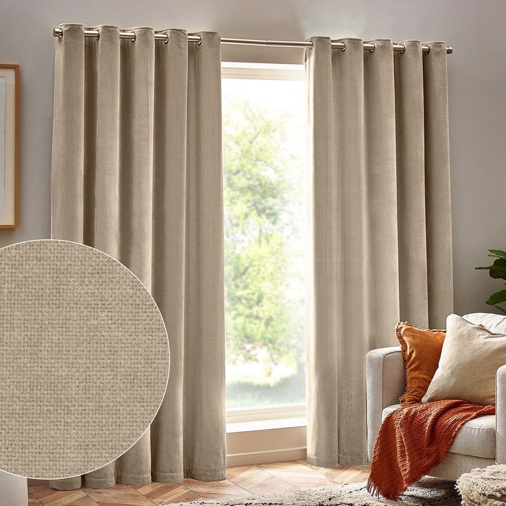 Plain Beige Curtains - Heavy Chenille Fully Lined Velvet Eyelet Curtains Natural Yard