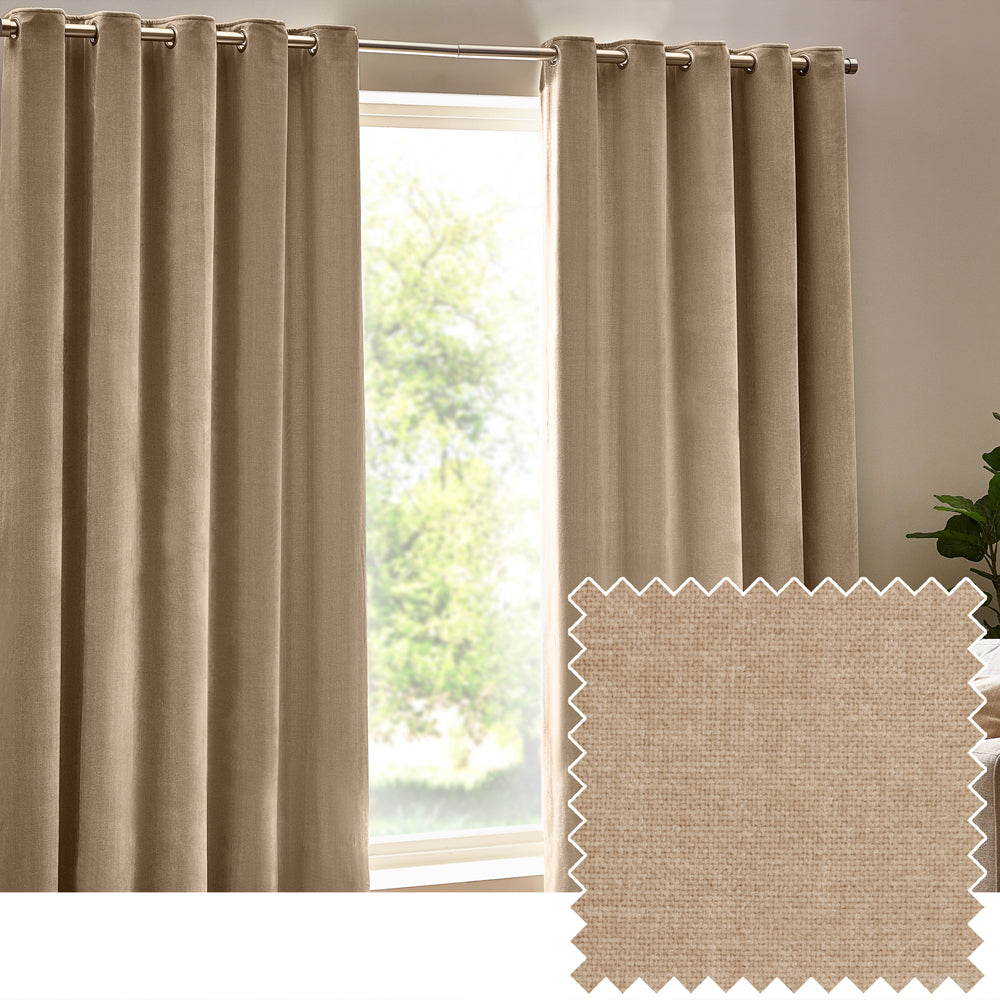 Plain Beige Curtains - Heavy Chenille Fully Lined Velvet Eyelet Curtains Natural Yard