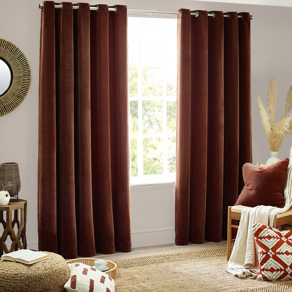 Plain Red Curtains - Heavy Chenille Fully Lined Velvet Eyelet Curtains Nutmeg Yard