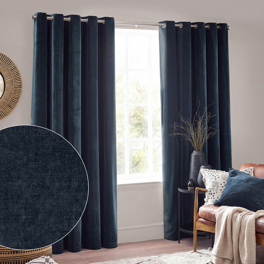 Plain Blue Curtains - Heavy Chenille Fully Lined Velvet Eyelet Curtains Navy Yard