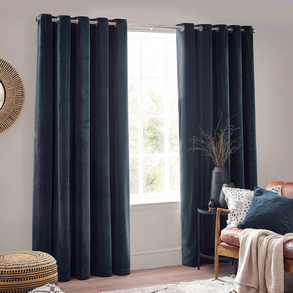 Plain Blue Curtains - Heavy Chenille Fully Lined Velvet Eyelet Curtains Navy Yard
