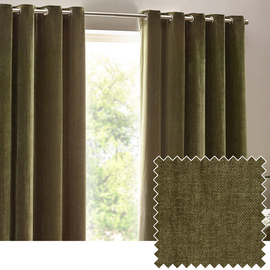 Plain Green Curtains - Heavy Chenille Fully Lined Velvet Eyelet Curtains Olive Yard