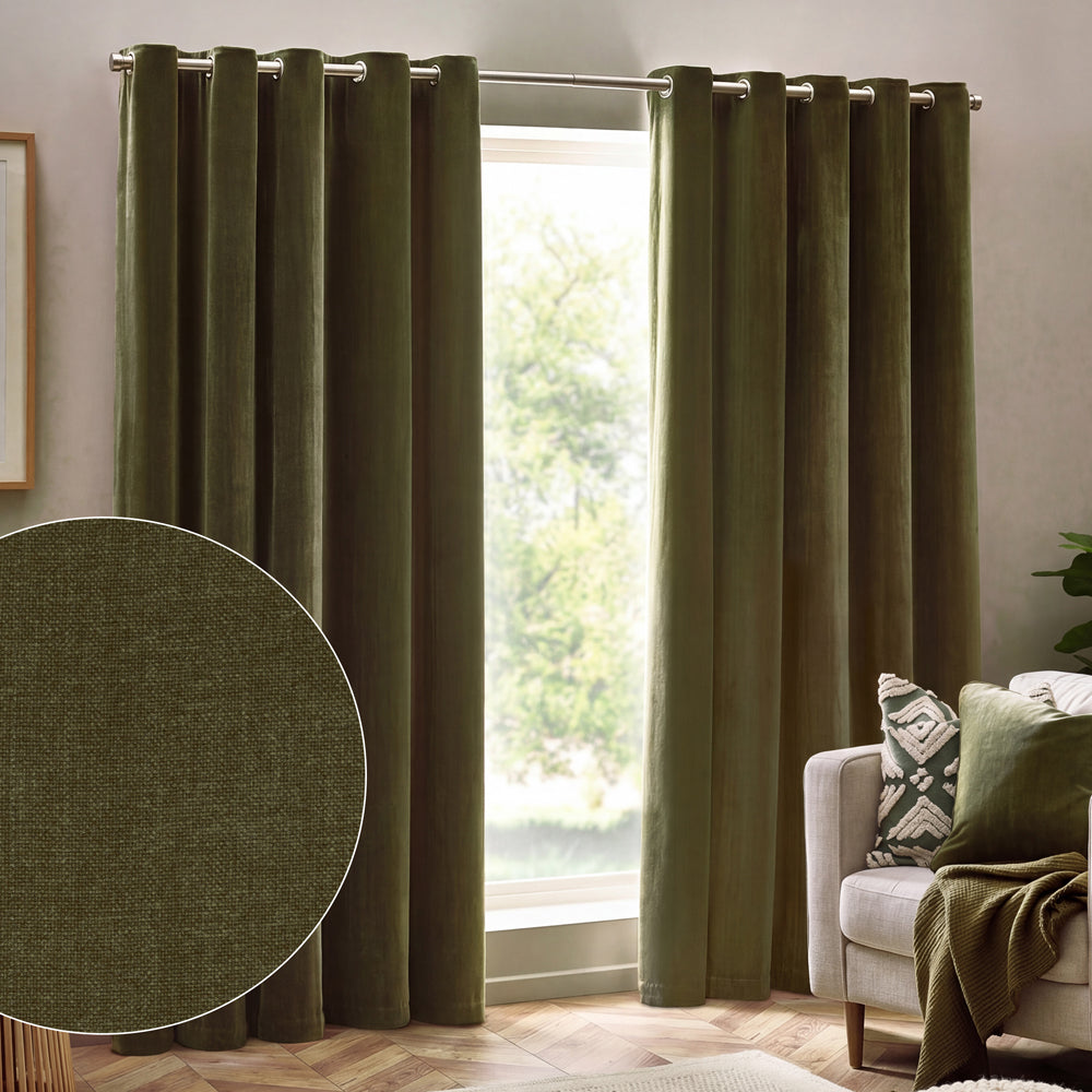 Plain Green Curtains - Heavy Chenille Fully Lined Velvet Eyelet Curtains Olive Yard