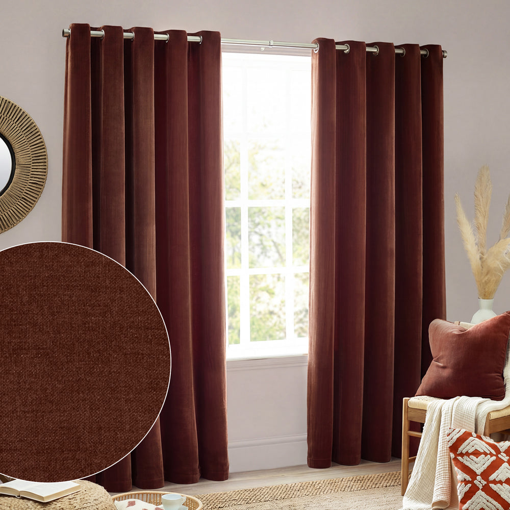 Plain Red Curtains - Heavy Chenille Fully Lined Velvet Eyelet Curtains Nutmeg Yard