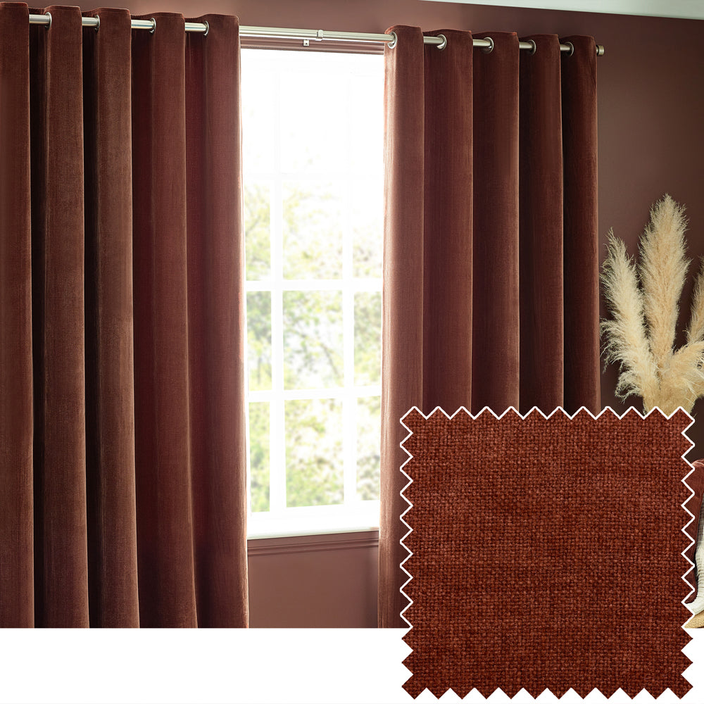 Plain Red Curtains - Heavy Chenille Fully Lined Velvet Eyelet Curtains Nutmeg Yard