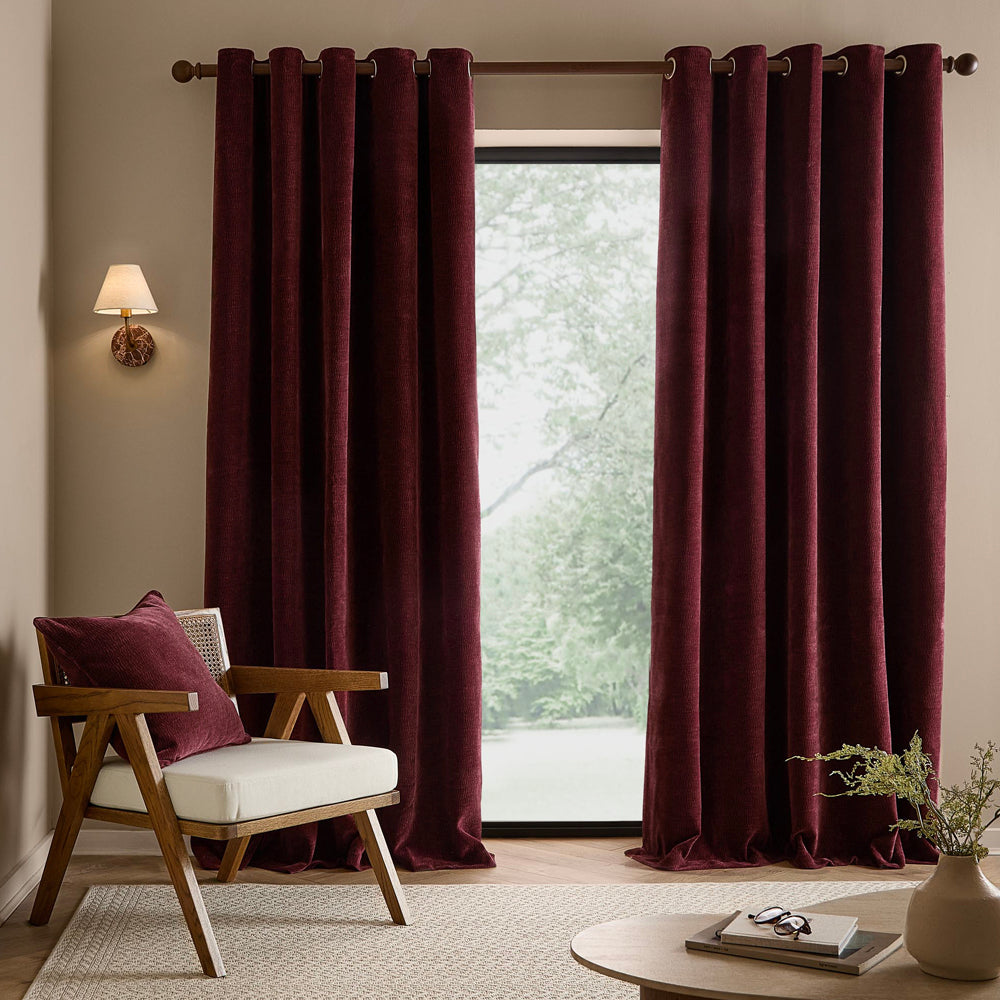 Plain Red Curtains - Heath Washed Velvet Fully Lined Eyelet Curtains Beetroot Yard