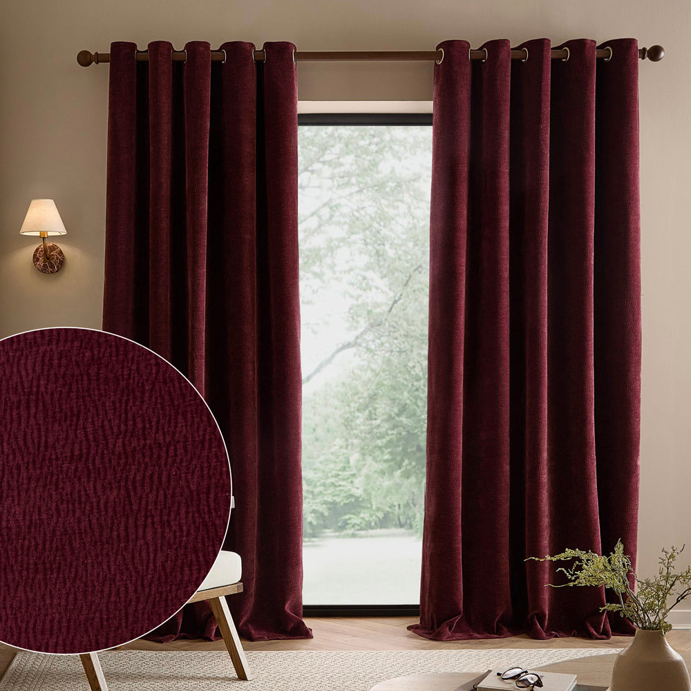 Plain Red Curtains - Heath Washed Velvet Fully Lined Eyelet Curtains Beetroot Yard
