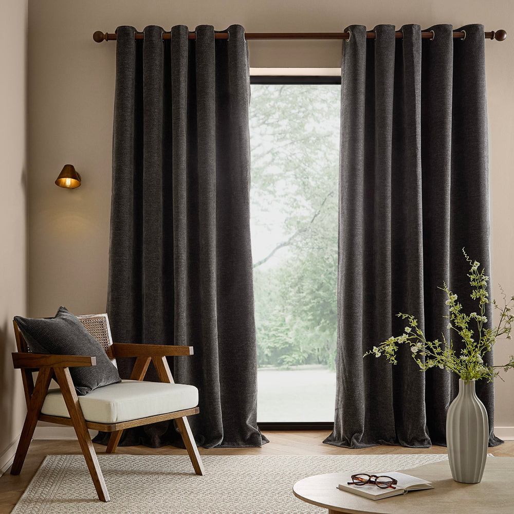 Plain Grey Curtains - Heath Washed Velvet Fully Lined Eyelet Curtains Charcoal Yard