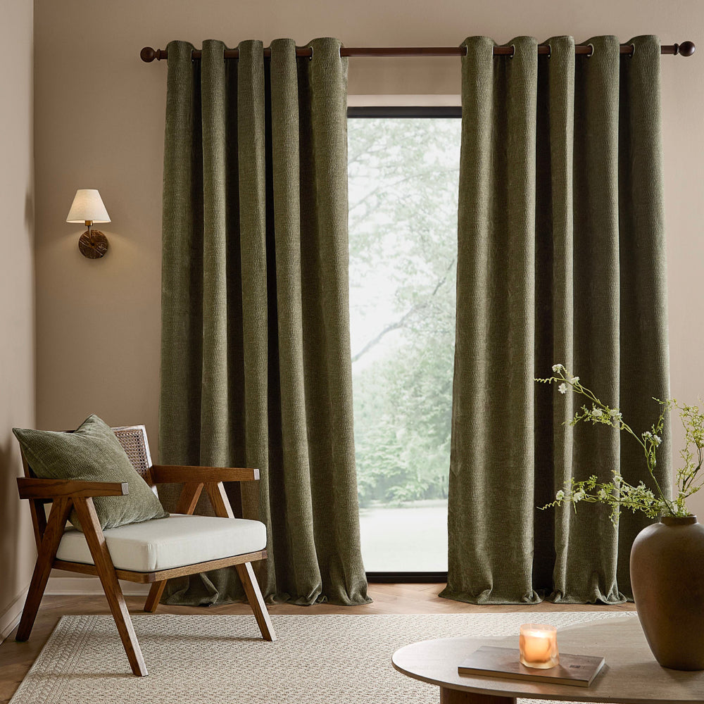 Plain Green Curtains - Heath Washed Velvet Fully Lined Eyelet Curtains Eucalyptus Yard