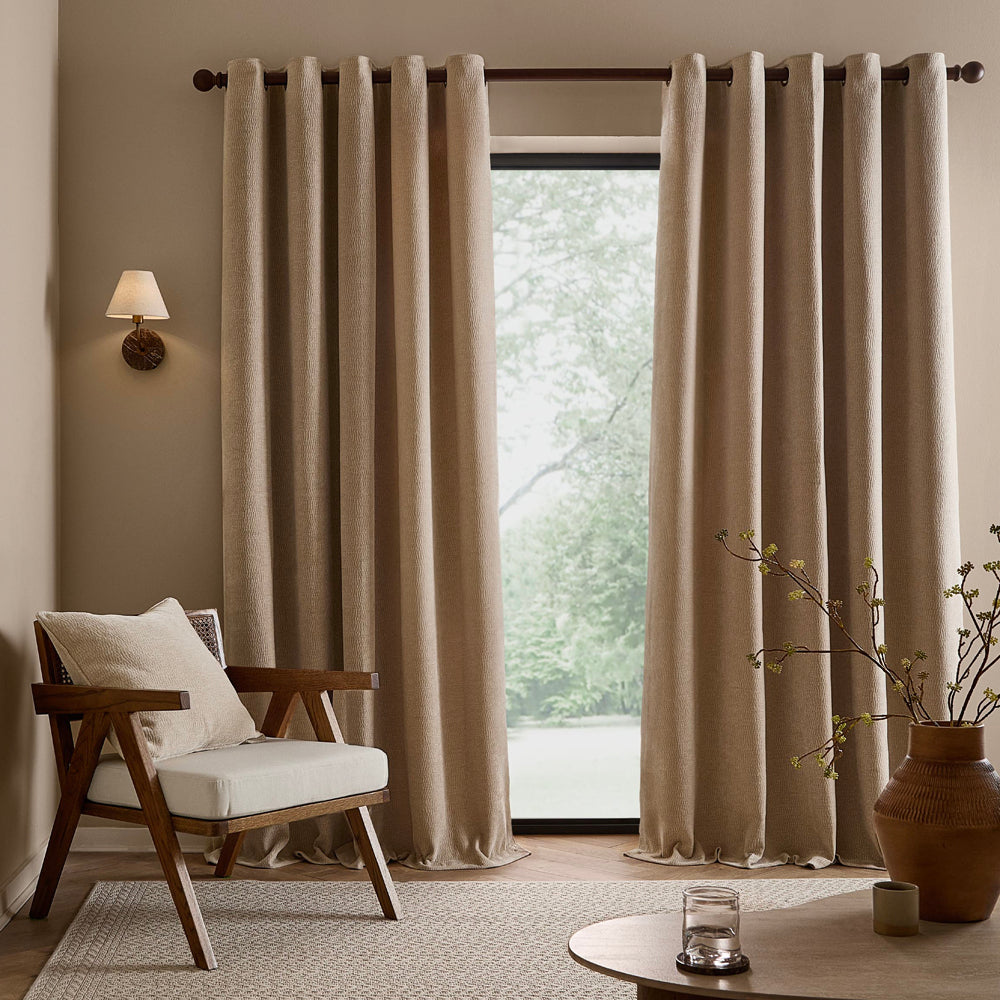 Plain Cream Curtains - Heath Washed Velvet Fully Lined Eyelet Curtains Linen Yard