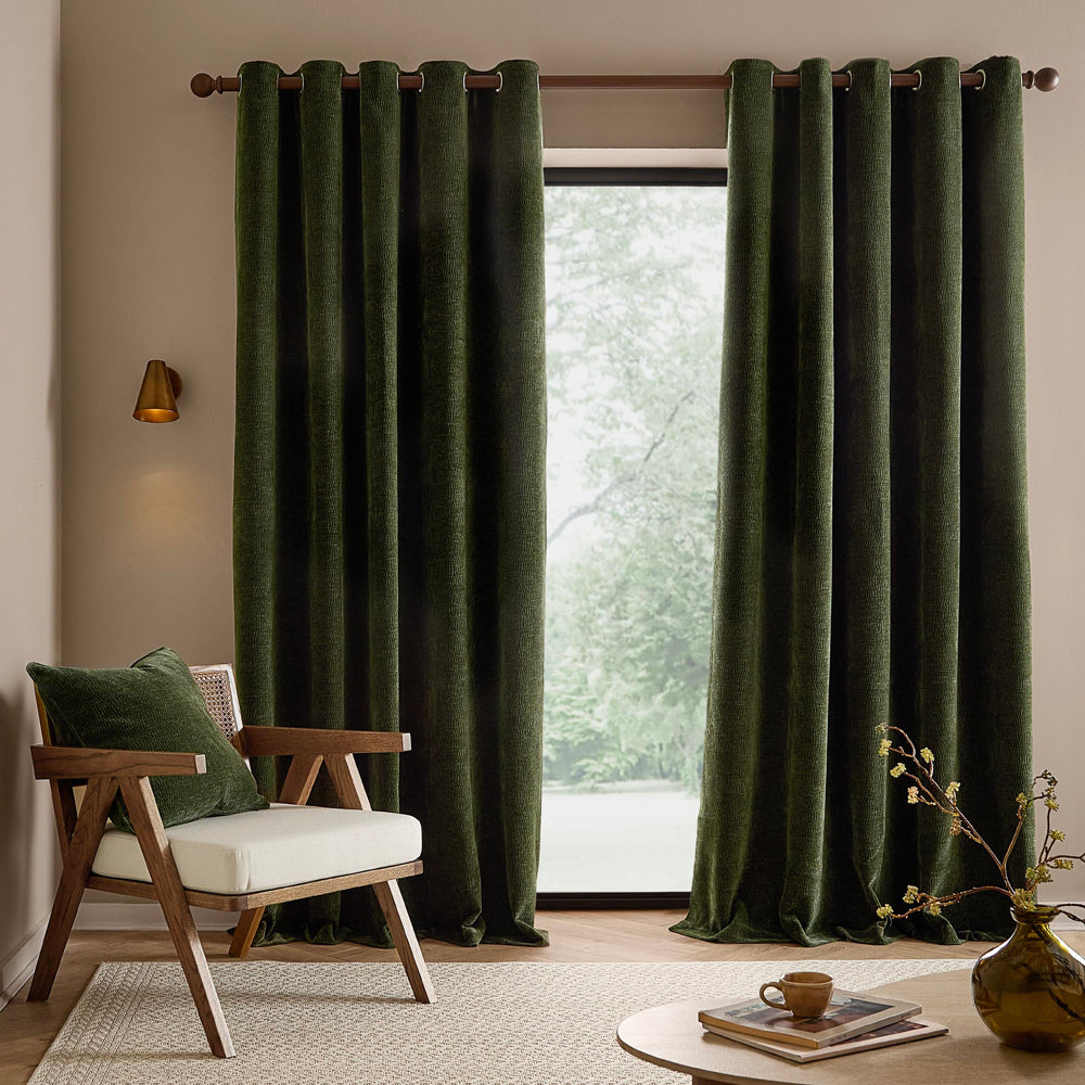 Plain Green Curtains - Heath Washed Velvet Fully Lined Eyelet Curtains Olive Yard