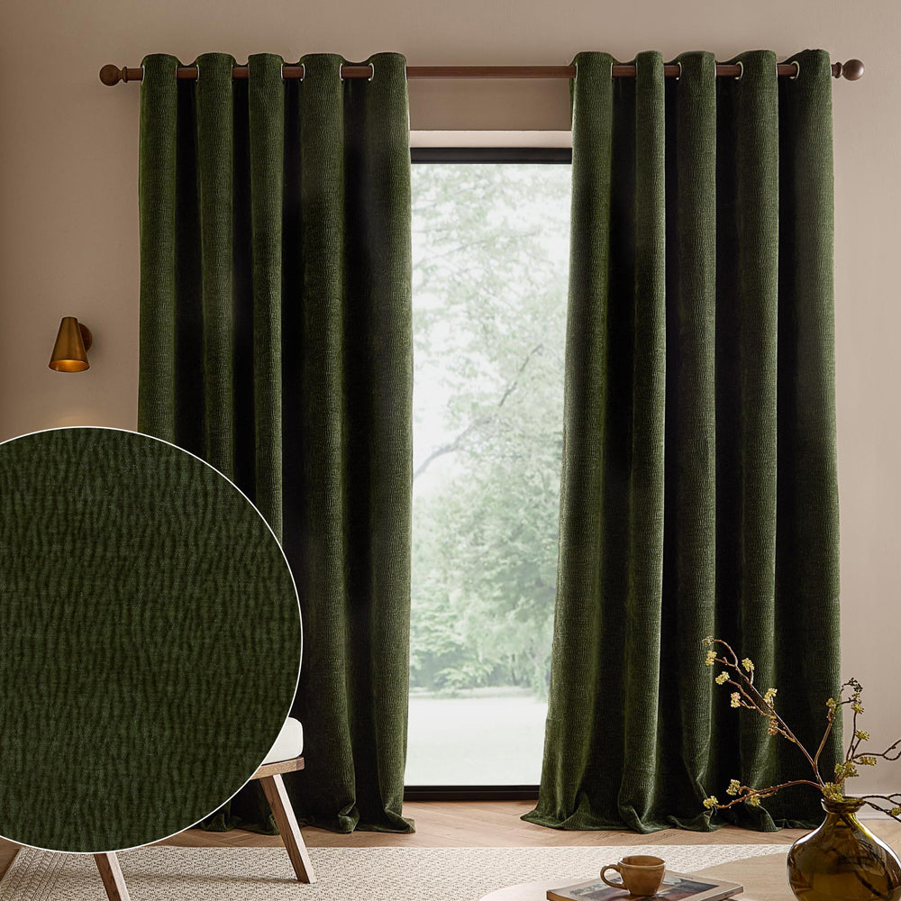 Plain Green Curtains - Heath Washed Velvet Fully Lined Eyelet Curtains Olive Yard