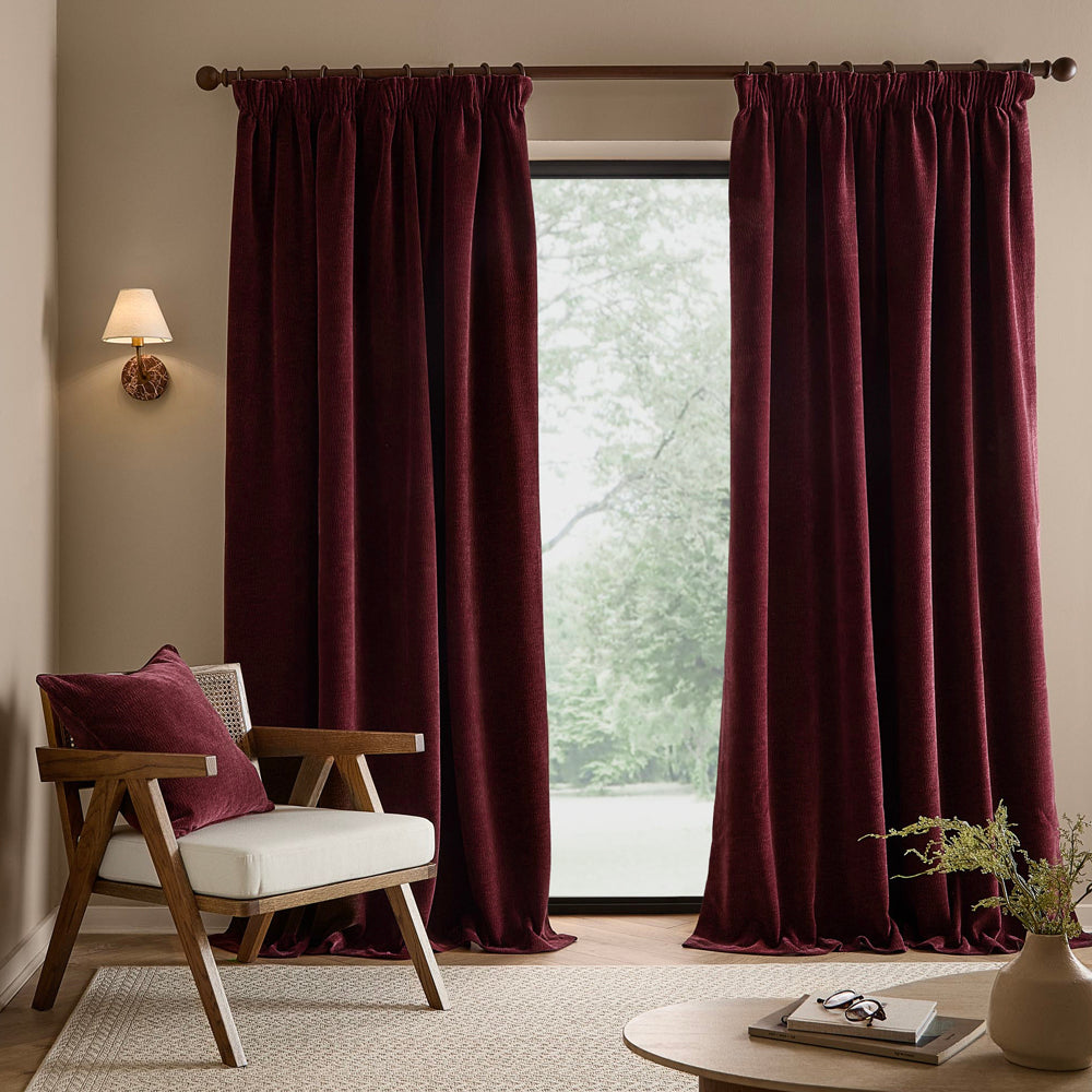 Plain Red Curtains - Heath Washed Velvet Fully Lined Pencil Pleat Curtains Beetroot Yard