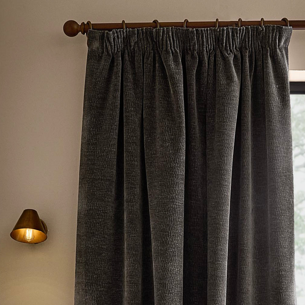 Plain Grey Curtains - Heath Washed Velvet Fully Lined Pencil Pleat Curtains Charcoal Yard