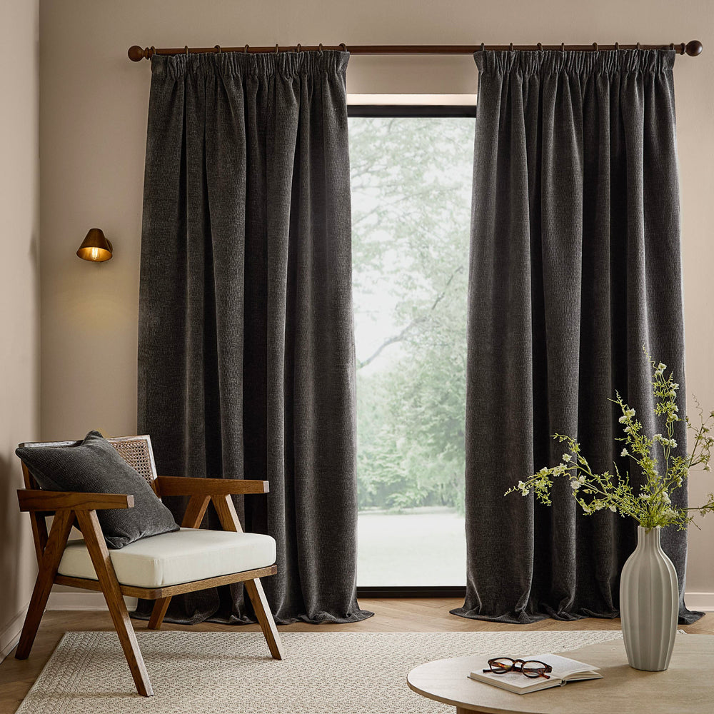 Plain Grey Curtains - Heath Washed Velvet Fully Lined Pencil Pleat Curtains Charcoal Yard