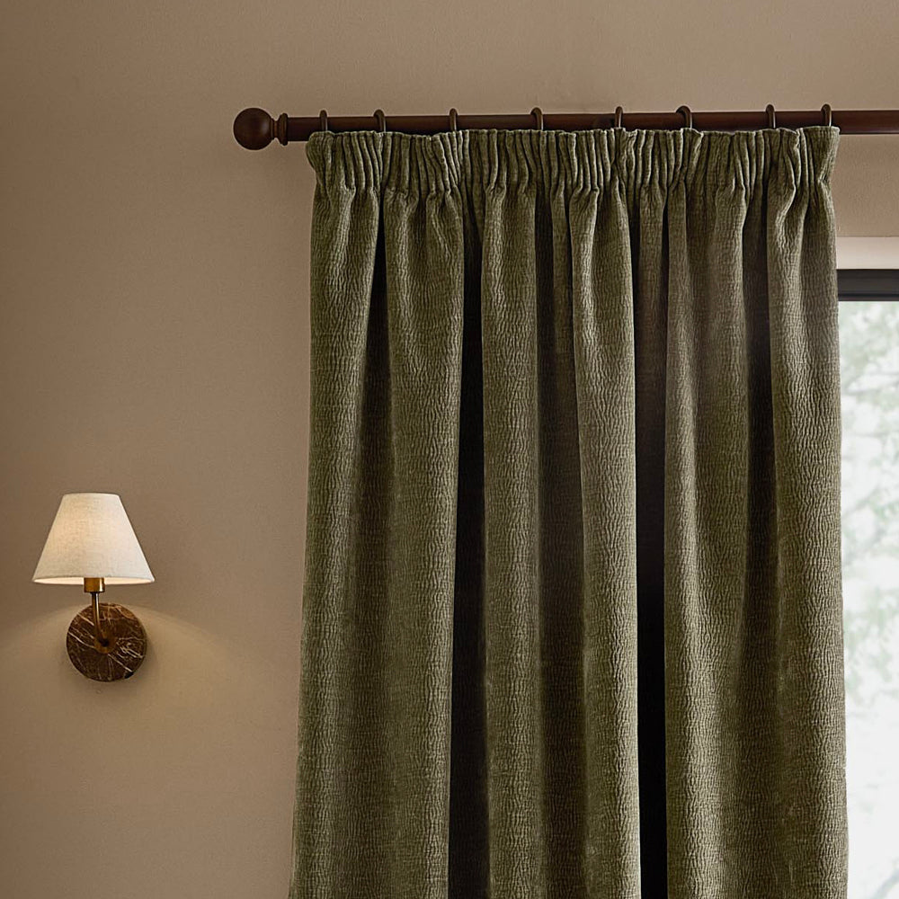 Plain Green Curtains - Heath Washed Velvet Fully Lined Pencil Pleat Curtains Eucalyptus Yard