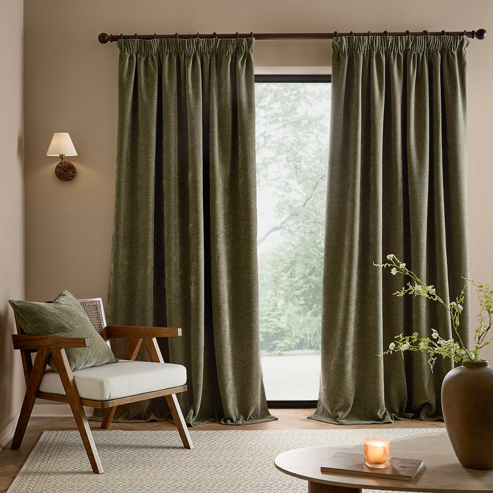 Plain Green Curtains - Heath Washed Velvet Fully Lined Pencil Pleat Curtains Eucalyptus Yard