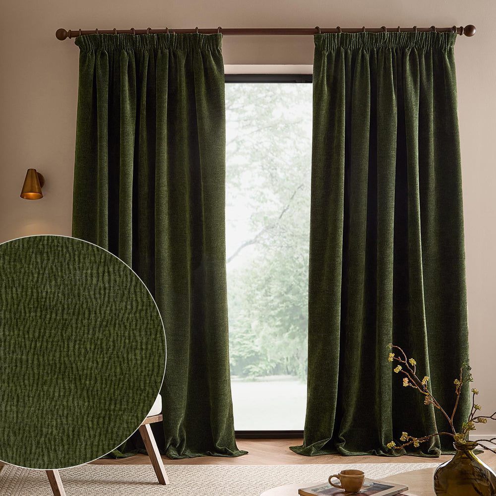 Plain Green Curtains - Heath Washed Velvet Fully Lined Pencil Pleat Curtains Olive Yard