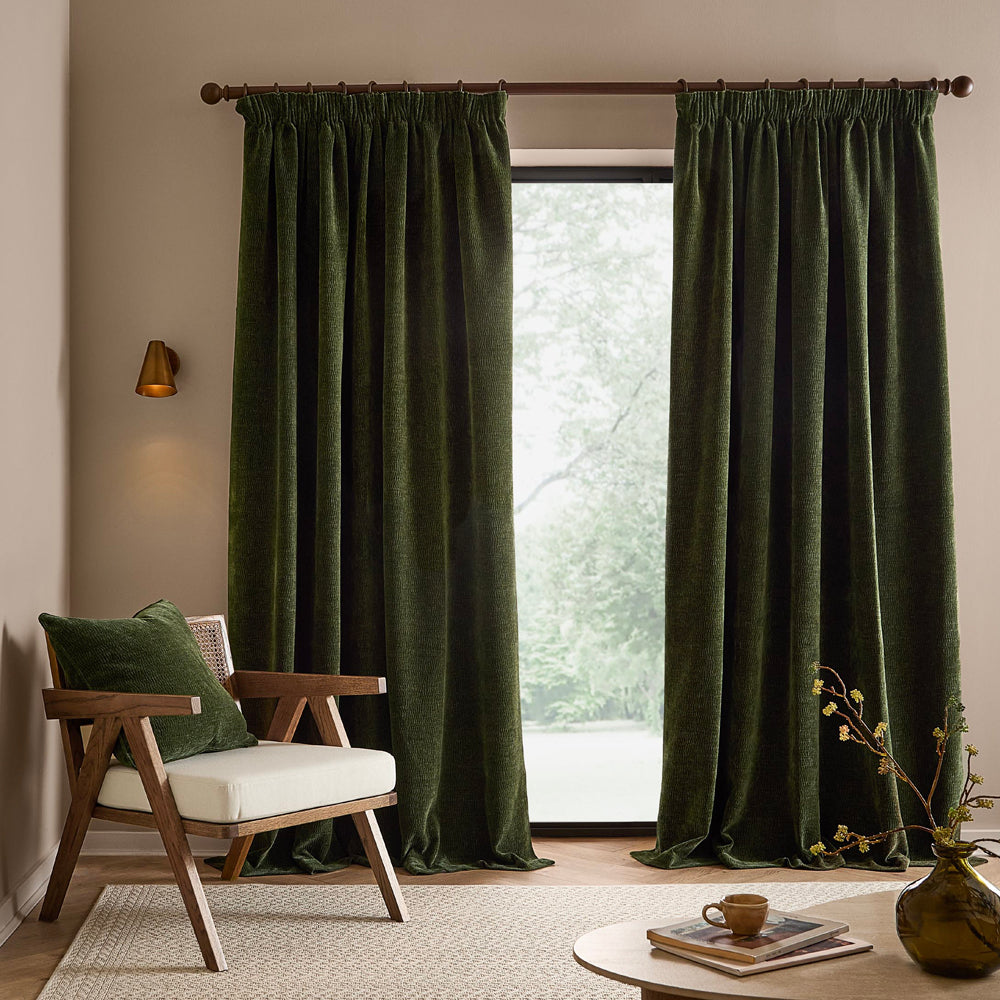 Plain Green Curtains - Heath Washed Velvet Fully Lined Pencil Pleat Curtains Olive Yard