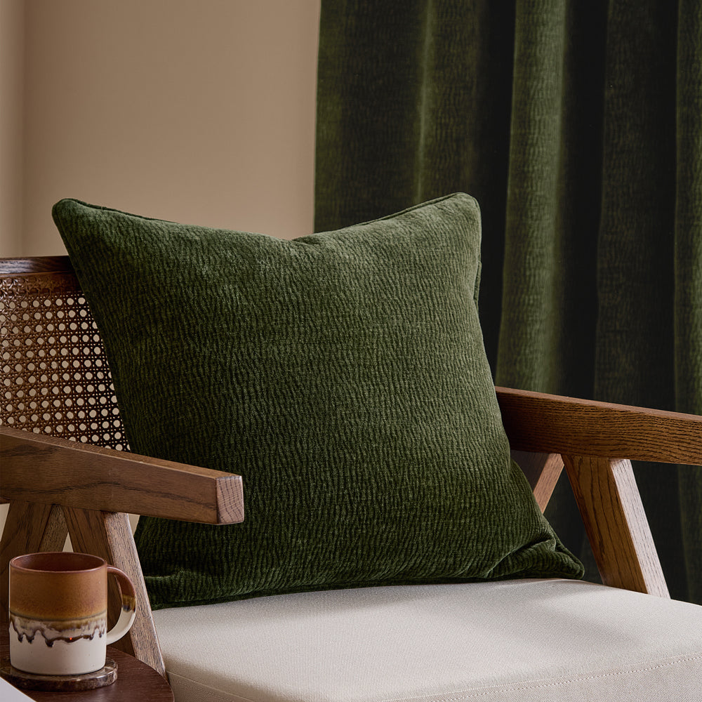 Plain Green Cushions - Heath Washed Velvet Textured Cushion Cover Olive Yard