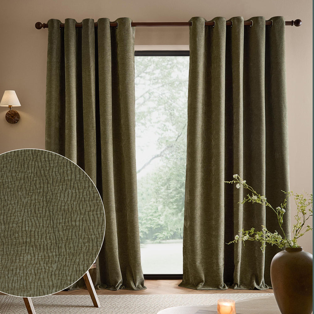 Plain Green Curtains - Heath Washed Velvet Fully Lined Eyelet Curtains Eucalyptus Yard