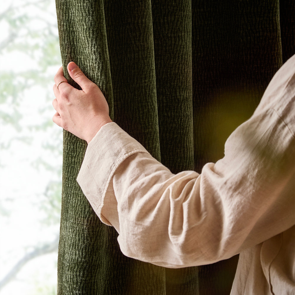 Plain Green Curtains - Heath Washed Velvet Fully Lined Eyelet Curtains Olive Yard