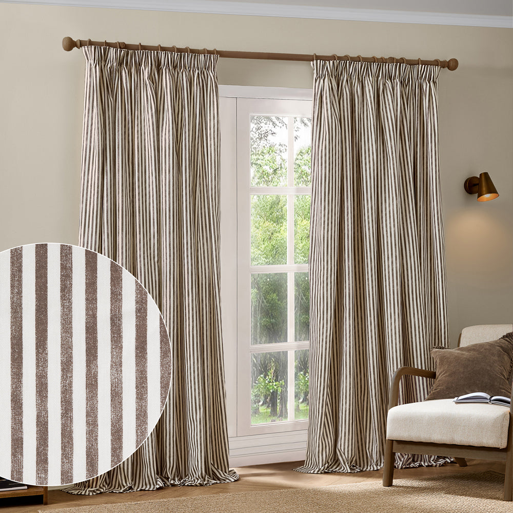 Striped Brown Curtains - Hebden 100% Cotton Blackout Pencil Pleat Curtains Chocolate Yard