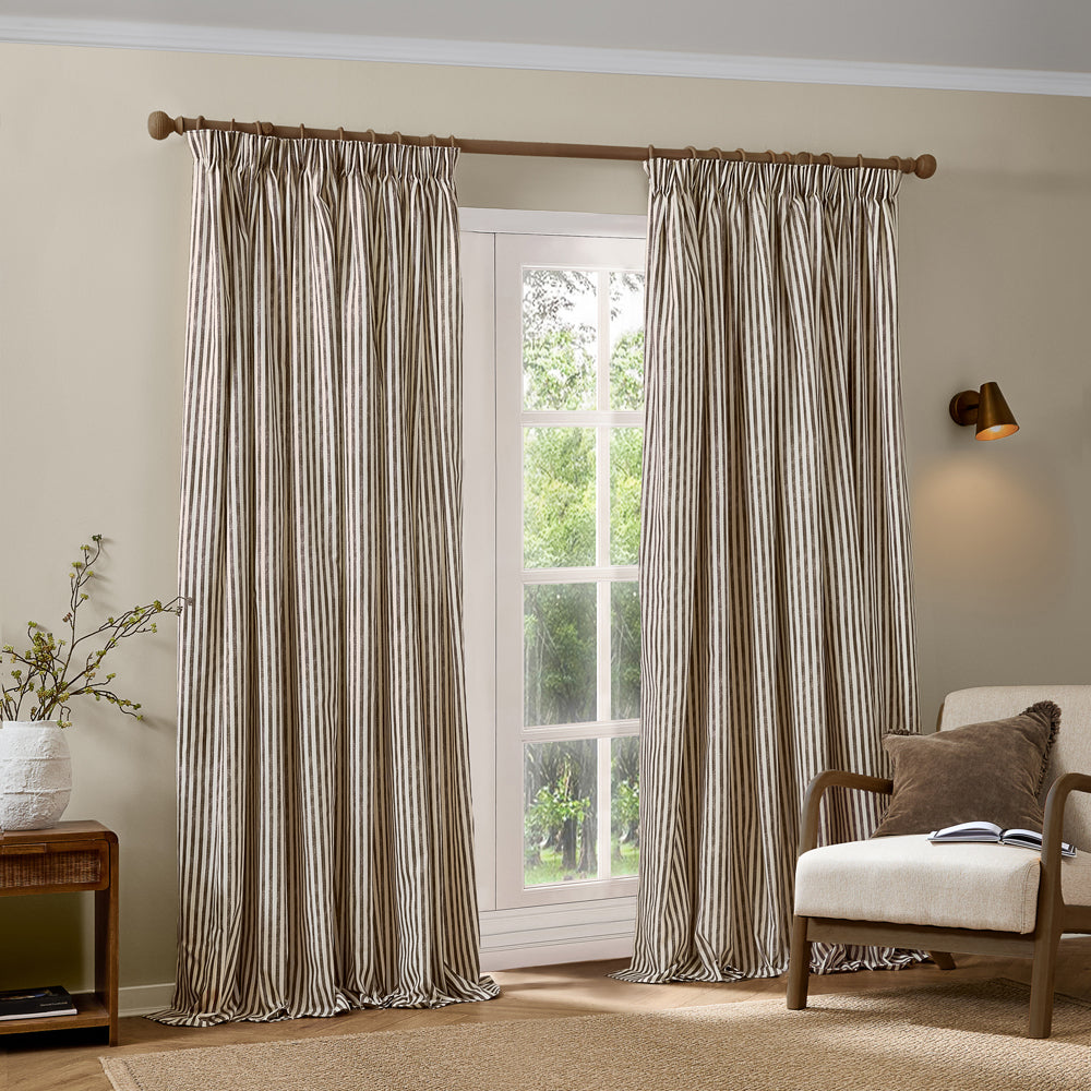 Striped Brown Curtains - Hebden 100% Cotton Blackout Pencil Pleat Curtains Chocolate Yard