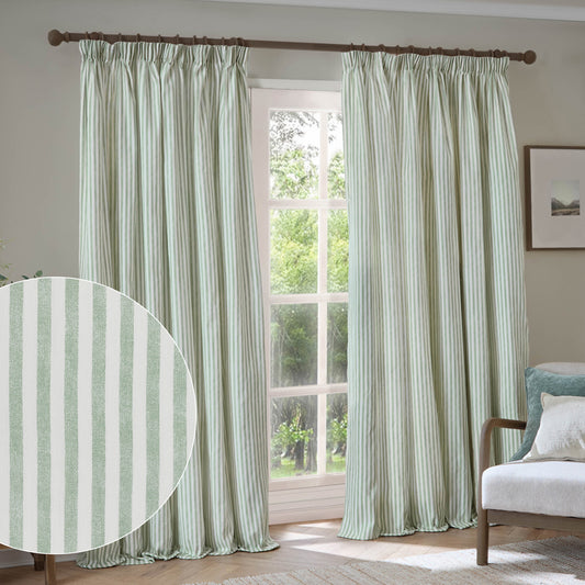 Striped Green Curtains - Hebden 100% Cotton Blackout Pencil Pleat Curtains Eucalyptus Yard