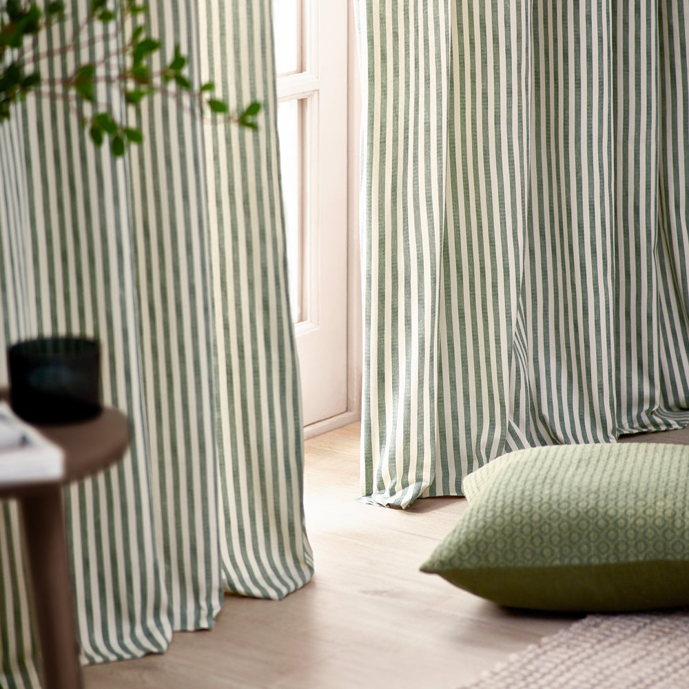 Striped Green Curtains - Hebden 100% Cotton Blackout Pencil Pleat Curtains Forest Yard