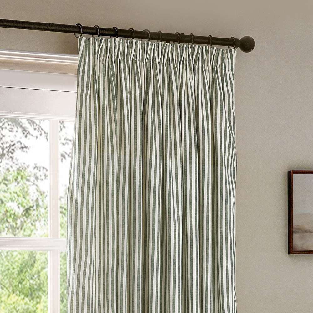 Striped Green Curtains - Hebden 100% Cotton Blackout Pencil Pleat Curtains Forest Yard