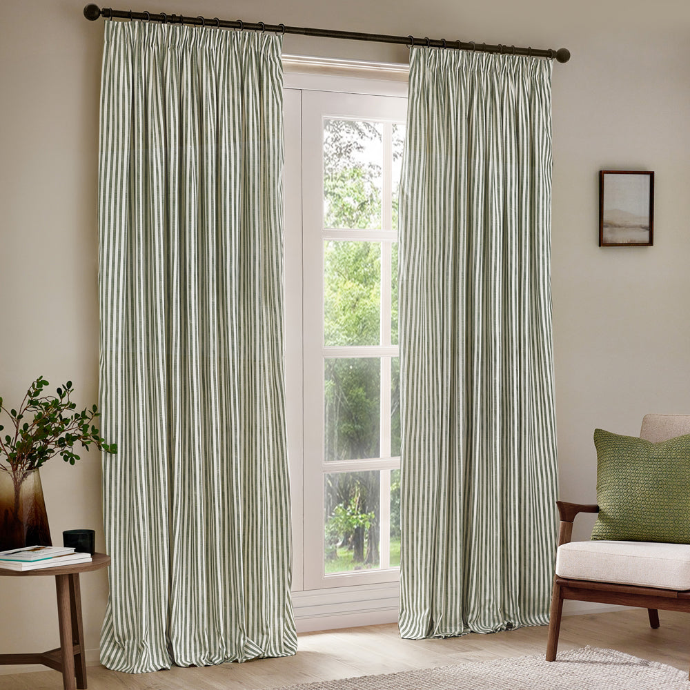 Striped Green Curtains - Hebden 100% Cotton Blackout Pencil Pleat Curtains Forest Yard