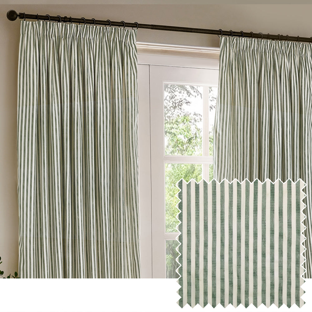 Striped Green Curtains - Hebden 100% Cotton Blackout Pencil Pleat Curtains Forest Yard