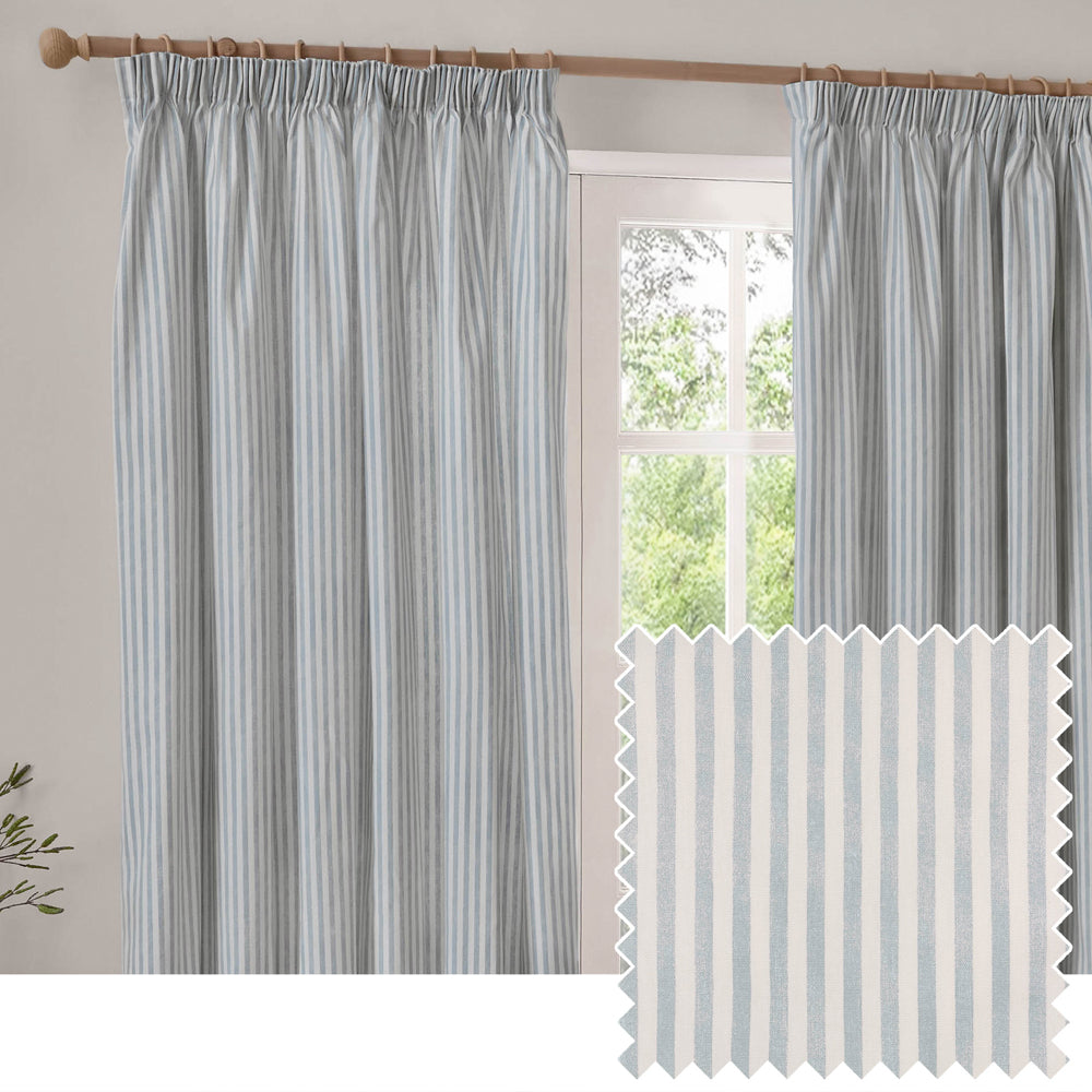 Striped Blue Curtains - Hebden 100% Cotton Blackout Pencil Pleat Curtains Mineral Blue Yard