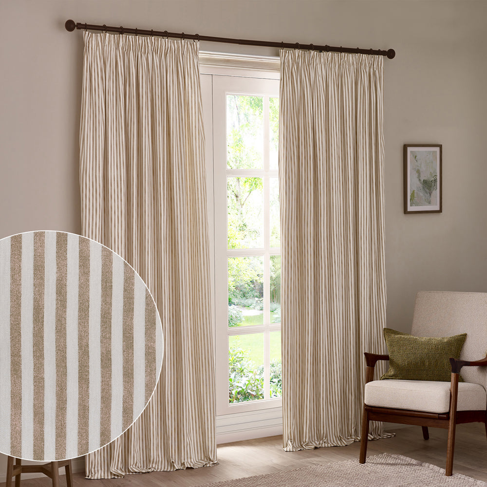 Striped Beige Curtains - Hebden 100% Cotton Blackout Pencil Pleat Curtains Natural Yard
