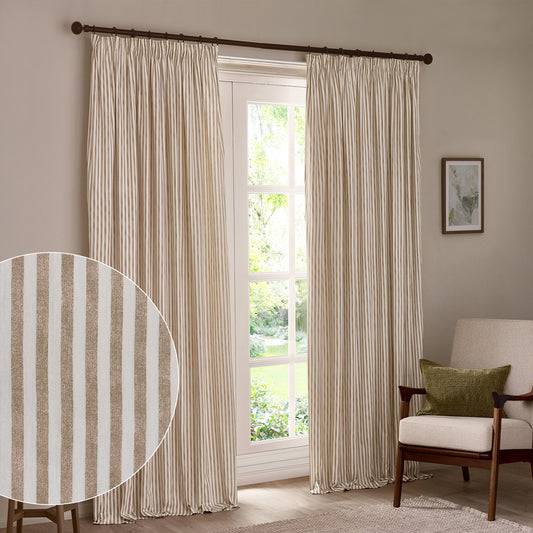 Striped Beige Curtains - Hebden 100% Cotton Blackout Pencil Pleat Curtains Natural Yard