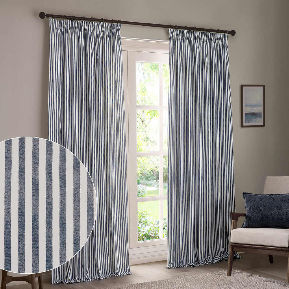 Striped Blue Curtains - Hebden 100% Cotton Blackout Pencil Pleat Curtains Navy Yard