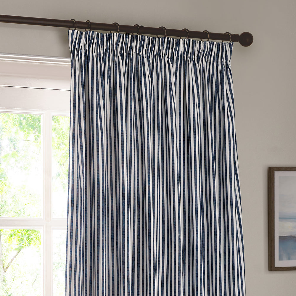 Striped Blue Curtains - Hebden 100% Cotton Blackout Pencil Pleat Curtains Navy Yard