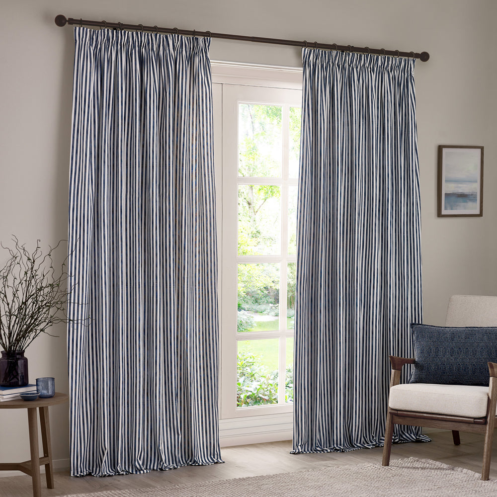 Striped Blue Curtains - Hebden 100% Cotton Blackout Pencil Pleat Curtains Navy Yard