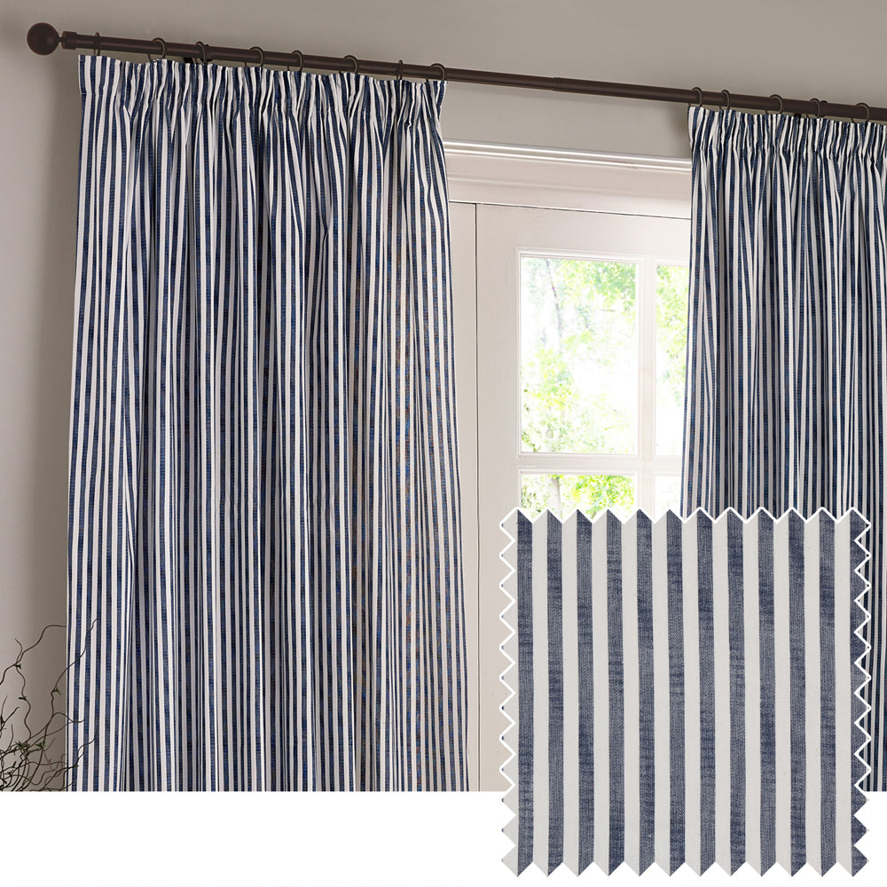 Striped Blue Curtains - Hebden 100% Cotton Blackout Pencil Pleat Curtains Navy Yard
