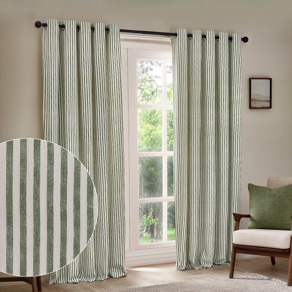 Striped Green Curtains - Hebden 100% Cotton Blackout Eyelet Curtains Forest Yard