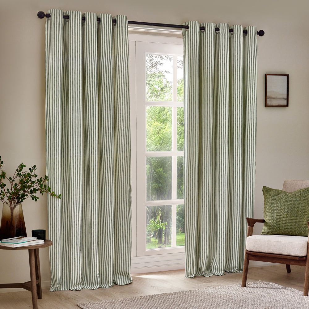 Striped Green Curtains - Hebden 100% Cotton Blackout Eyelet Curtains Forest Yard