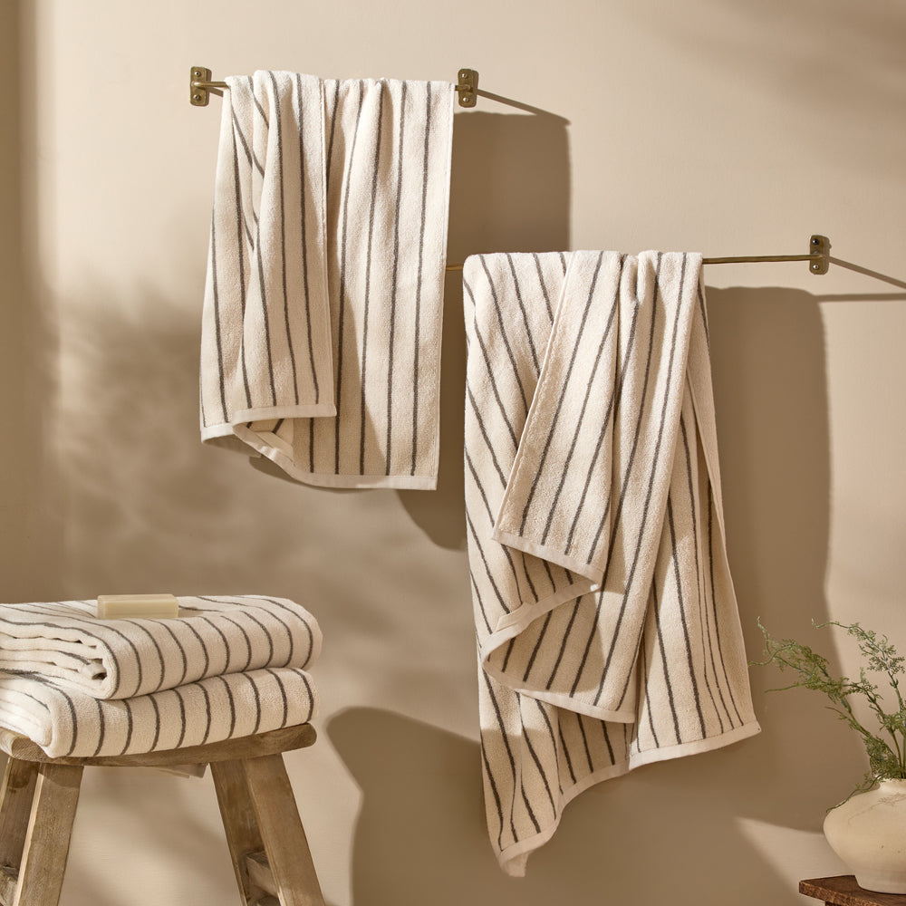 Striped Brown Bathroom - Hebden Narrow Stripe 100% Cotton Towels Mole Yard